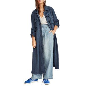 Free People Rainz Notched Collar Roll Tab Duster Coat Blue XS